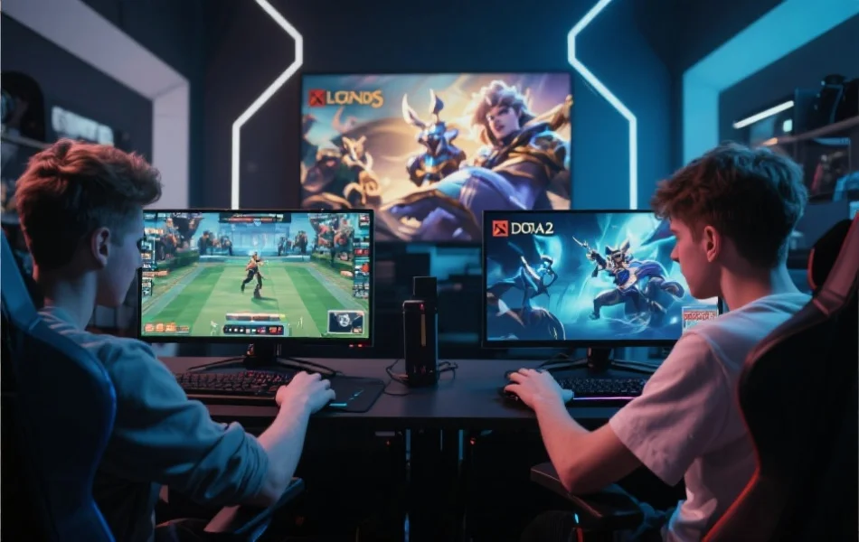 两名年轻玩家在电脑前激烈对战，屏幕上显示着英雄联盟和DOTA2的比赛画面，背景为现代电竞工作室