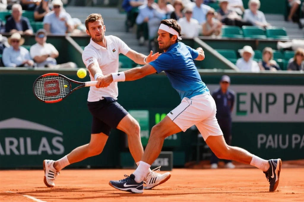 两位网球选手在比赛中激烈对抗，球拍刚刚击中网球，背景为观众席